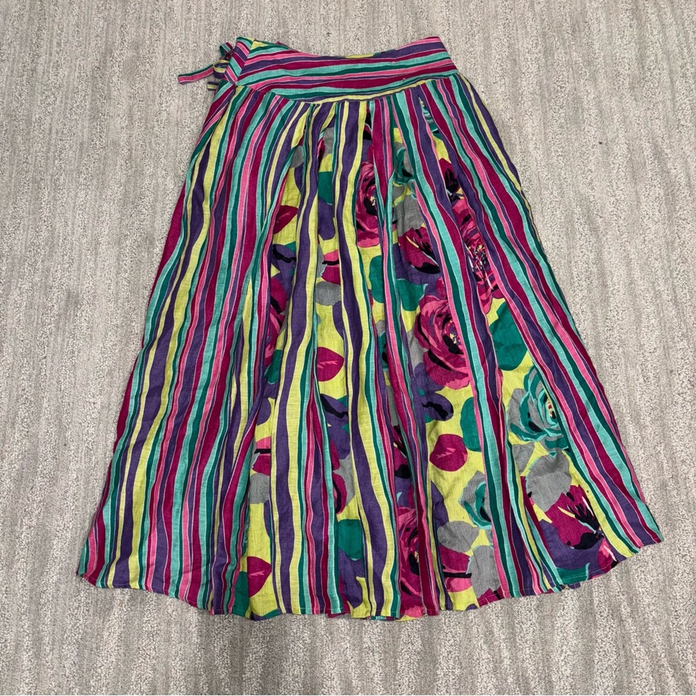 Soft Surroundings 100% Linen Wrap Midi Skirt Boho Tie Colorful Women’s Size S - Picture 2 of 6